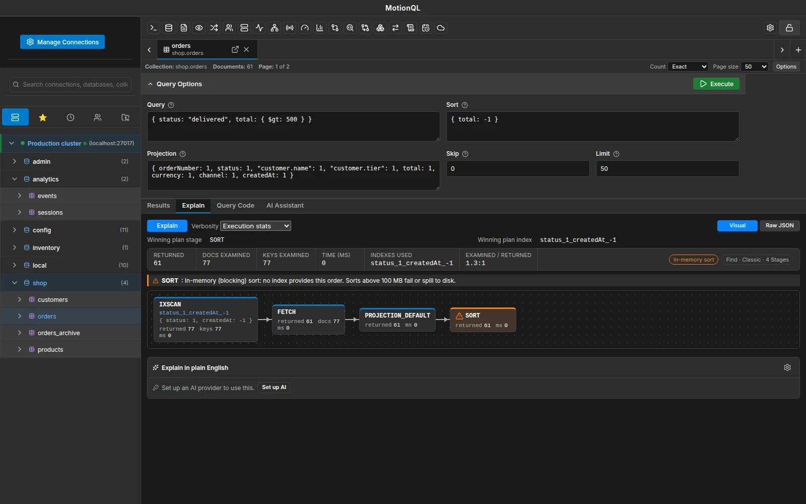 A MotionQL explain plan shown as a tree with index use, documents examined and time